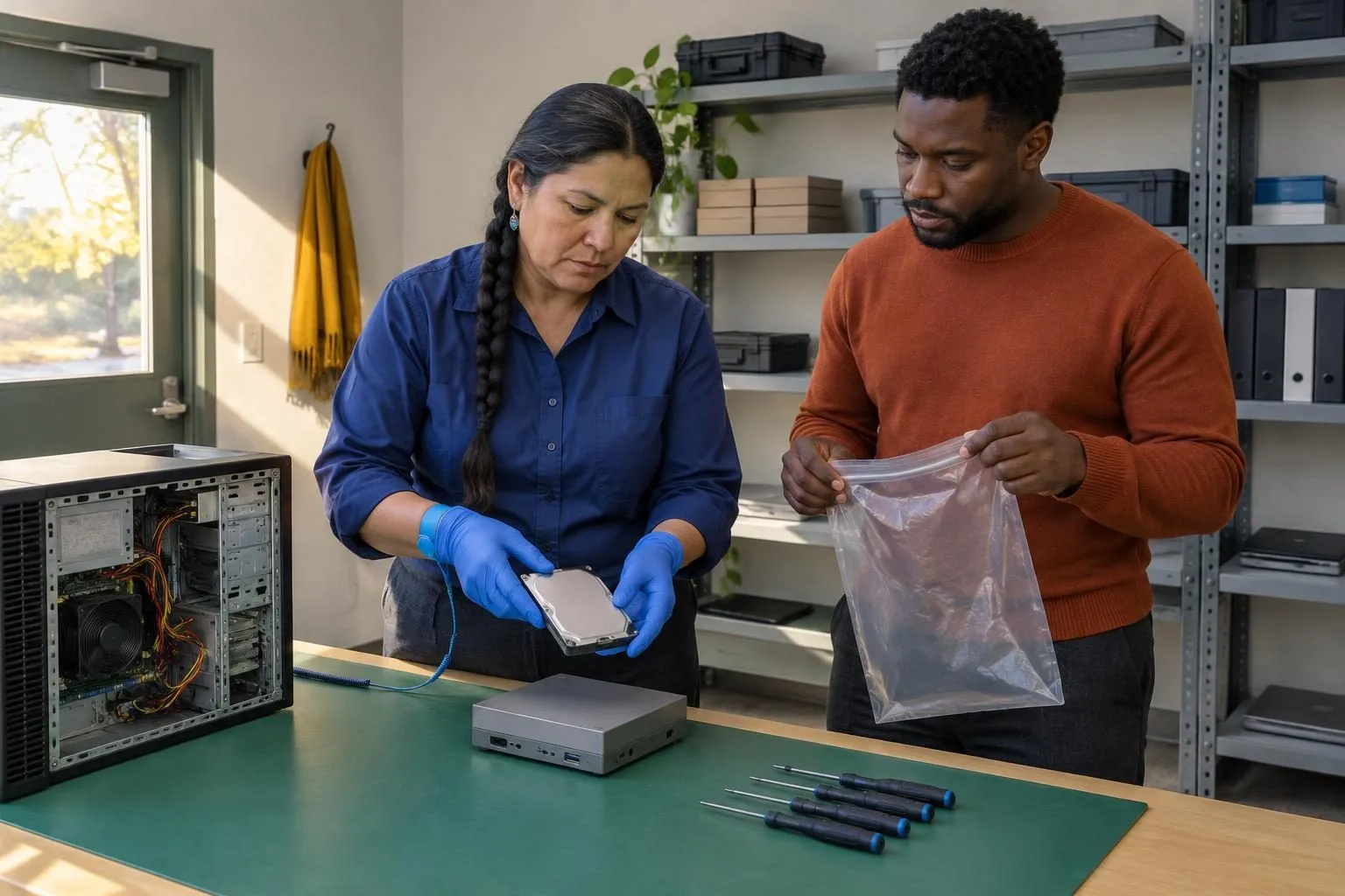 Two colleagues at a workbench carefully move a removed hard drive toward a write-blocker while an open clear bag waits to seal it.