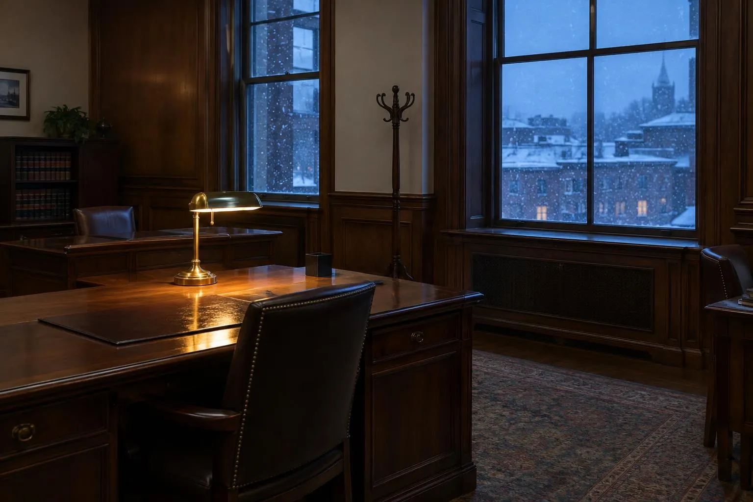 Empty law office at blue dusk, with leather chairs tucked in, one brass lamp glowing, and snow beyond a tall window.